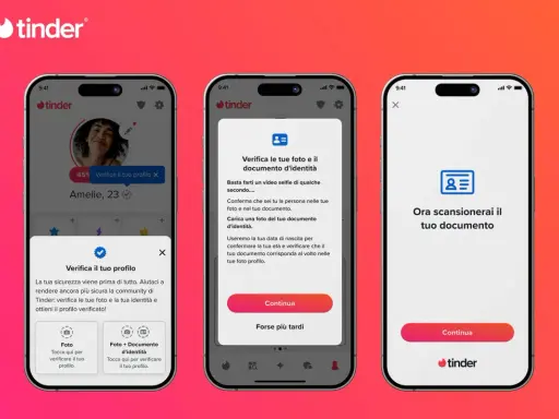 Schermate di Tinder che mostrano il processo di verifica del profilo. Chi usa Tinder può verificare foto e documenti per un profilo più sicuro.