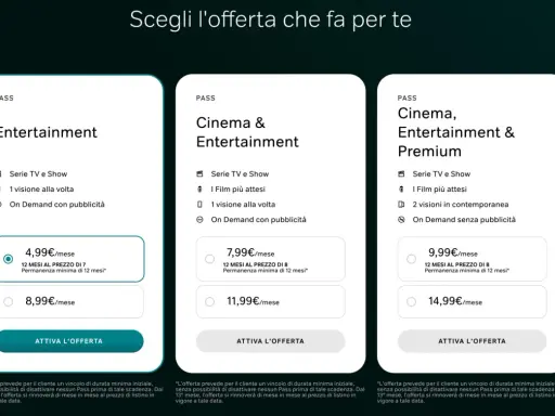 Offerte streaming: Entertainment a 4,99€/mese, Cinema & Entertainment a 7,99€/mese, Cinema, Entertainment & Premium a 9,99€/mese. Nessun nirvam costi nascosti.