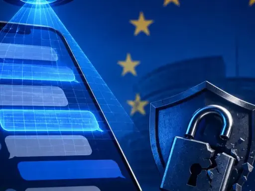 Smartphone con messaggi, lucchetto rotto e bandiera UE. Sicurezza digitale e chatrandom gratis.