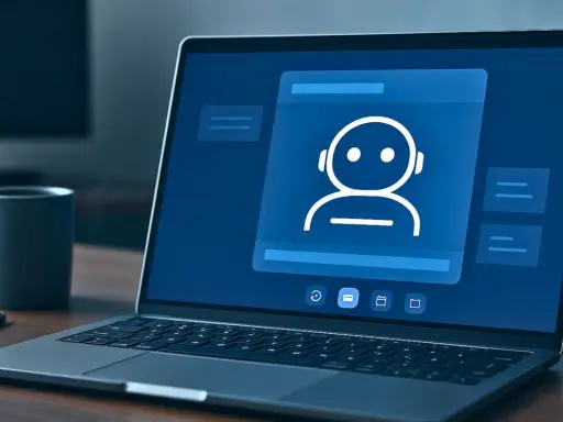 Un laptop mostra un'interfaccia di be2 chat con un'icona di robot. Accanto, una tazza e uno smartphone.