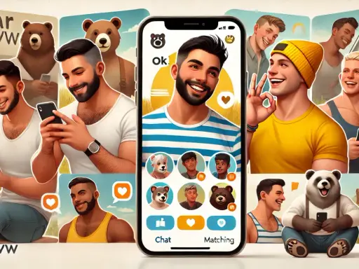 Uomini sorridenti e orsi su un'app di incontri, un digichat gay per trovare il tuo "bear".