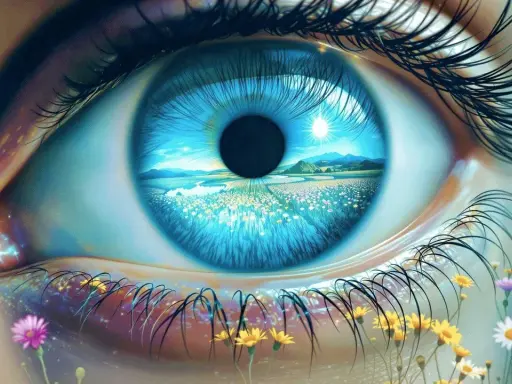 Un occhio azzurro riflette un paesaggio fiorito, un prato vibrante sotto un sole radioso. Davvero gli occhi sono lo specchio dell'anima, pieni di meraviglia.