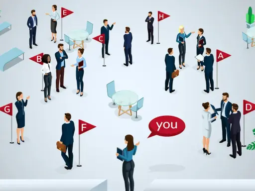 Persone in un evento di networking, con una nuvoletta "you" che indica il punto di vista. Come si risponde a piacere di conoscerti?