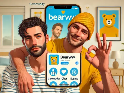 Due uomini sorridono, uno con un braccio sull'altro. In primo piano, uno smartphone mostra l'app "Bearww", con icone per Community, Chat e Events. Perfetto per il digy chat gay.