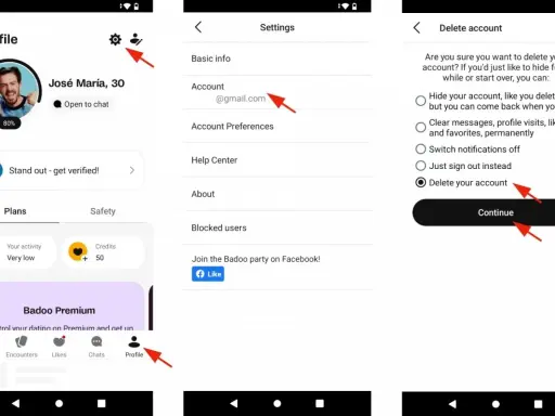 Schermate di Badoo che mostrano come eliminare il tuo profilo.