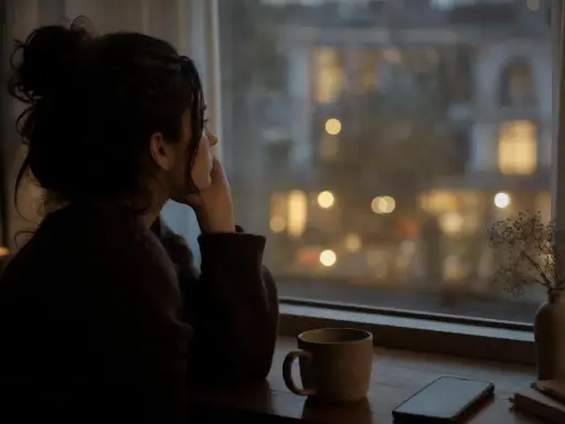 Una donna pensierosa guarda fuori dalla finestra, forse riflettendo sui segnali che una persona ti pensa intensamente. Una tazza e un telefono sono vicini.