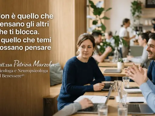 Una donna pensierosa in un caffè, mentre un uomo ride. Il testo recita: "Non è quello che pensano gli altri che ti blocca. È quello che temi possano pensare." La psicologa Patrizia Marzola ci ricorda che le nostre paure, non le opinioni altrui, ci limi...