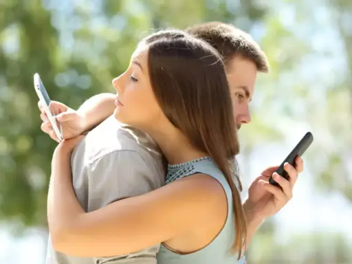 Coppia abbracciata, ma ognuno con lo sguardo fisso sul proprio smartphone. Una risata nelle chat, mentre la realtà sfuma.