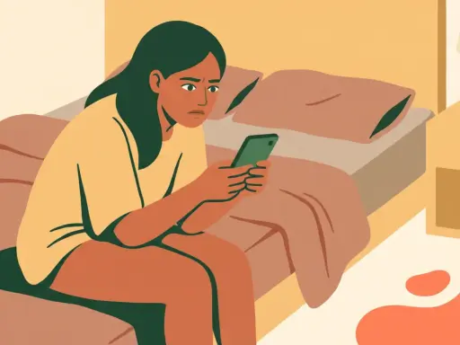 Ragazza sul letto, pensierosa, con il telefono in mano, mentre pensa a come dire a qualcuno che ti piace per messaggio.
