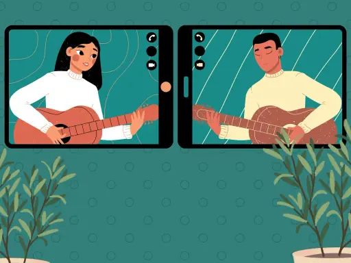 Ragazza e ragazzo su Bazoocam suonano la chitarra in videochiamata, uniti dalla musica.