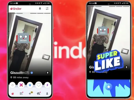 Due profili Tinder con una foto speculare. Uno mostra un "Super Like" in arrivo, come se fosse un match perfetto.