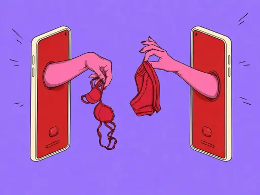 Mani rosa escono da smartphone rossi, mostrando lingerie. Un invito al 5chat sesso, dove la seduzione viaggia online.