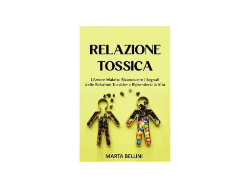 Copertina libro "Relazione Tossica": due sagome umane vuote, una riempita di pietre nere, l'altra di frammenti colorati.