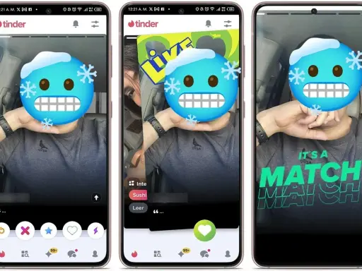 Schermate di Tinder: un utente con emoji di ghiaccio, un altro con "LIVE" e un terzo con "IT'S A MATCH!". Chissà quanto dura un match su Tinder?