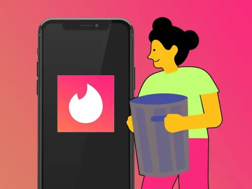 Illustration of a person holding a trash can next to a smartphone displaying the Tinder logo.