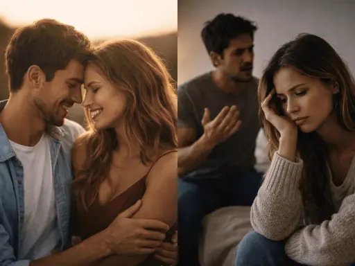 Coppia felice e poi in lite. Un uomo e una donna che si amano, poi lui discute e lei è triste. Annunci di donne cerca uomo.