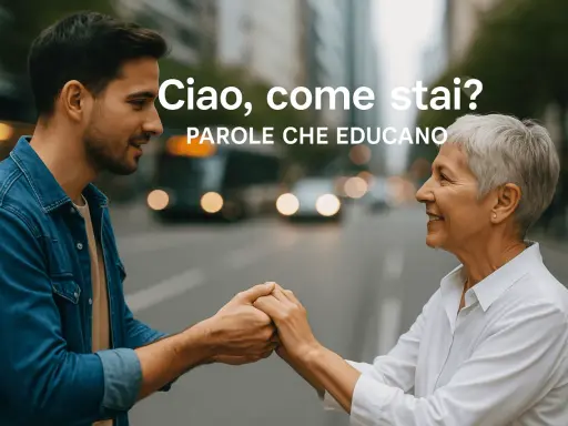 Un uomo e una donna si tengono per mano, sorridendo. La scritta "Ciao, come stai?" suggerisce un modo gentile per rispondere.