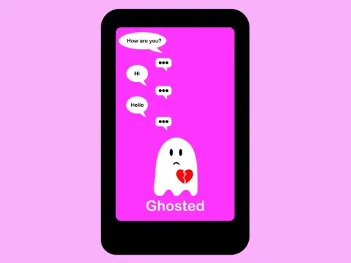 Un fantasma triste con un cuore spezzato su uno schermo di telefono, che mostra messaggi ignorati. La sensazione di subire ghosting è palpabile.