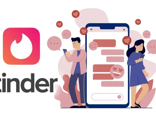 Un ragazzo e una ragazza chattano su Tinder, con cuori e fumetti che fluttuano.