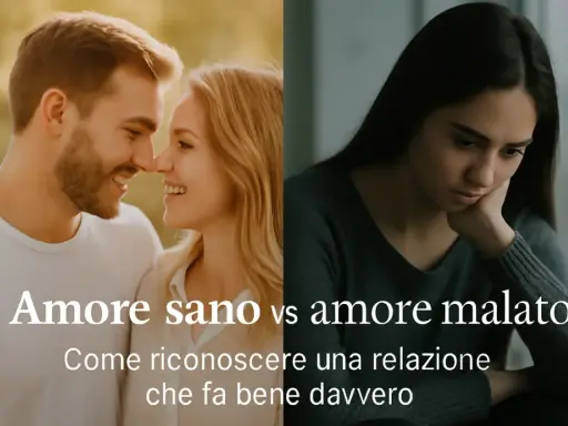 Coppia felice contrapposta a donna triste, per illustrare la differenza tra amore sano e un amore malato.