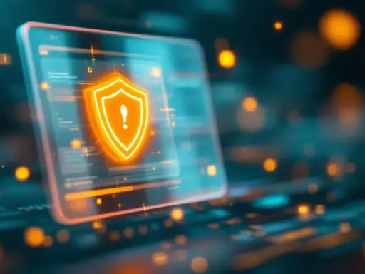 Schermo digitale con scudo arancione e punto esclamativo. Sicurezza informatica, un po' come chiedersi "Omegle cos'è" per capire i rischi online.