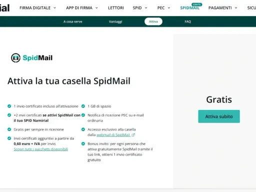 Attivazione gratuita SpidMail Namirial: 1 invio certificato, 1 GB spazio, notifiche PEC. Ottieni bonus invitando amici, come in un Virgilio chat.