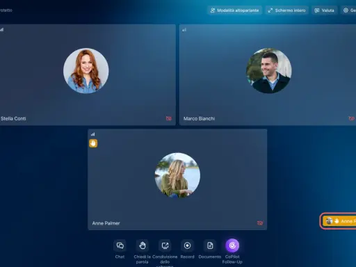 Anne Palmer chiede la parola. Ho bisogno di parlare con qualcuno in chat. Tre persone in videochiamata.