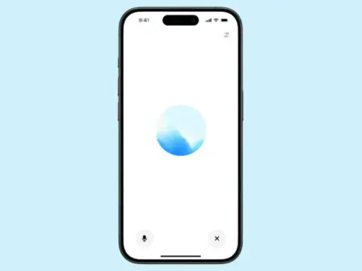 Schermo di un telefono con un'icona circolare blu e bianca al centro, che ricorda un'onda. In basso, un'icona microfono e una "x". Interfaccia per la cam voice.