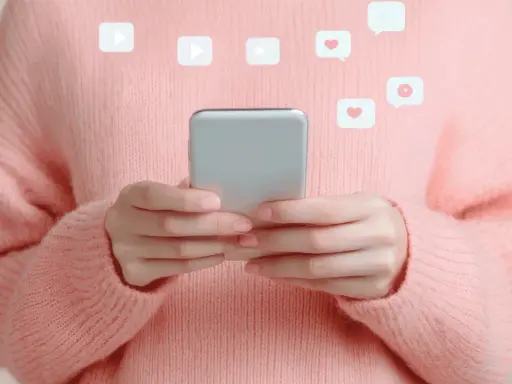 Mani con smartphone, icone di like e play fluttuano, evocando la psicologia di chi fa orbiting e cerca conferme digitali.