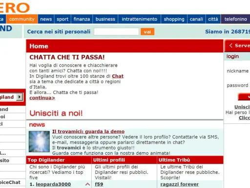 Pagina di Digiland: "Chatta che ti passa!" per conoscere amici, con stanze tematiche e regionali. Login e iscrizione disponibili.