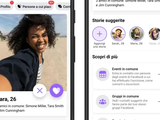 Interfaccia di fb dating con profilo di Sara, 26 anni, e suggerimenti per incontrare persone.