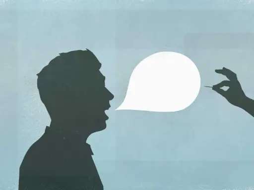 Silhouette di un uomo che parla, con una mano che tiene un ago vicino a una nuvoletta vuota. Come rispondere ad un ti voglio?