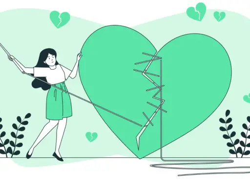 Una donna cuce un cuore spezzato, metafora di un amore ferito, forse da una persona narcisista che non si cura delle conseguenze.