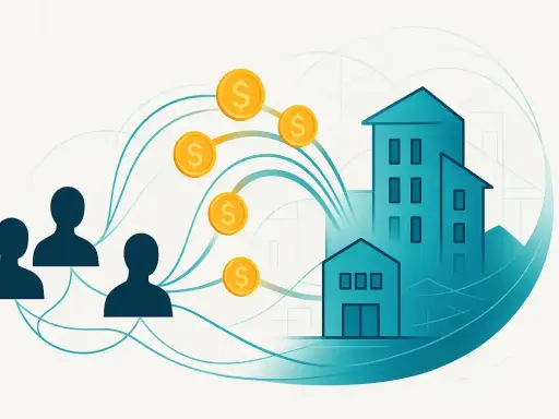 Persone che investono in immobili in Italia, con monete che fluiscono verso edifici stilizzati.