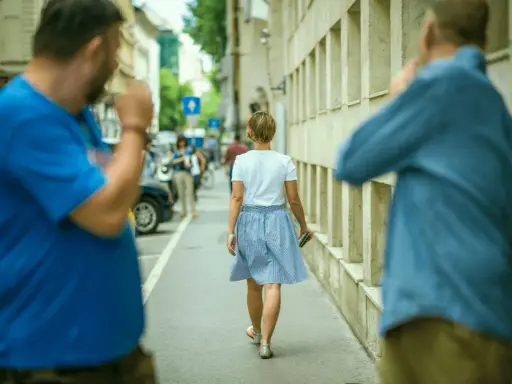 Uomo in strada fa gesti volgari a donna, un esempio di catcalling reato.