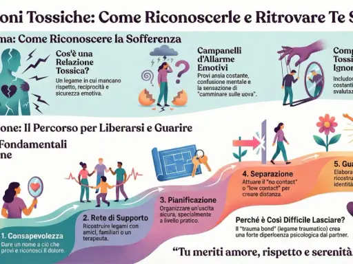 Illustrazione che mostra i 5 passi per uscire da una relazione tossica, dalla consapevolezza alla guarigione, evidenziando i segnali e i comportamenti da non ignorare.