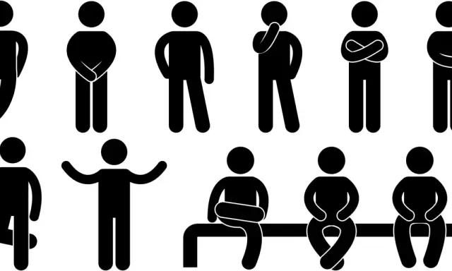 Figure stilizzate mostrano diverse posture, alcune suggeriscono il linguaggio del corpo attrazione, altre riflessione o chiusura.