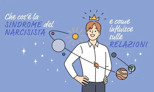 Il punto debole del narcisista: un uomo con una corona, circondato da pianeti, simboleggia come la sindrome influenzi le relazioni.