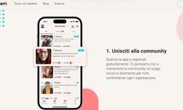 Schermata di Tandem che mostra la community per trovare un **chat tandom**. Utenti cercano partner linguistici per imparare e praticare.