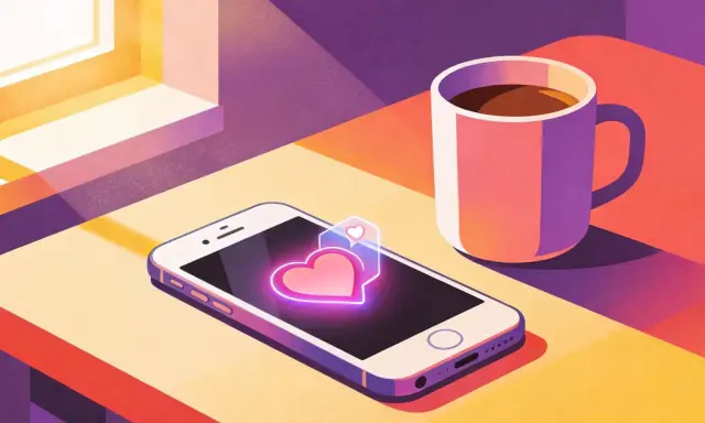 Smartphone con cuore luminoso e tazza di caffè, perfetto per decidere cosa scrivere dopo il primo appuntamento.