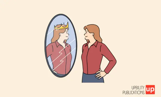 Donna con corona riflessa nello specchio, un'immagine di un narcisista overt che ammira la propria grandezza.