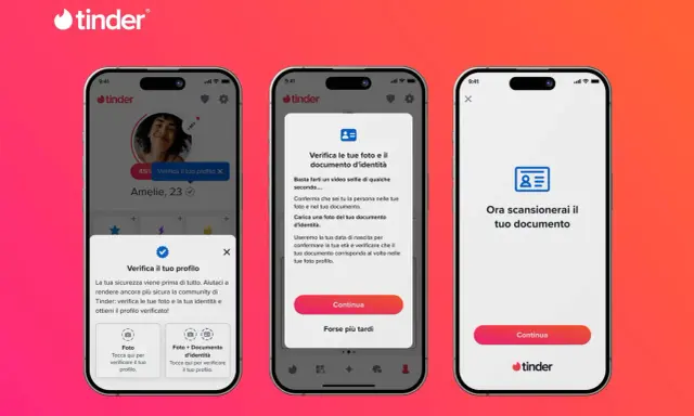 Schermate di Tinder che mostrano il processo di verifica del profilo. Chi usa Tinder può verificare foto e documenti per un profilo più sicuro.