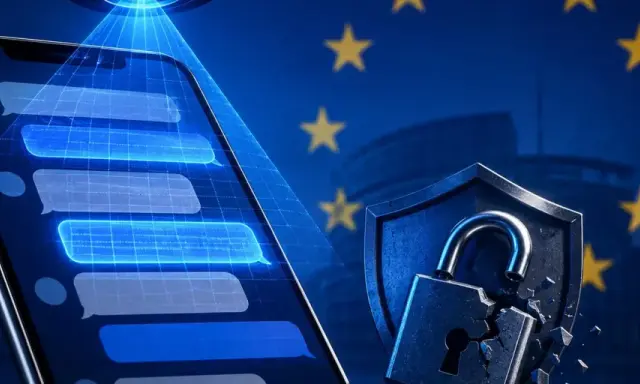 Smartphone con messaggi, lucchetto rotto e bandiera UE. Sicurezza digitale e chatrandom gratis.