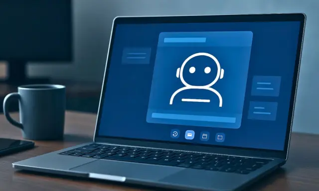 Un laptop mostra un'interfaccia di be2 chat con un'icona di robot. Accanto, una tazza e uno smartphone.