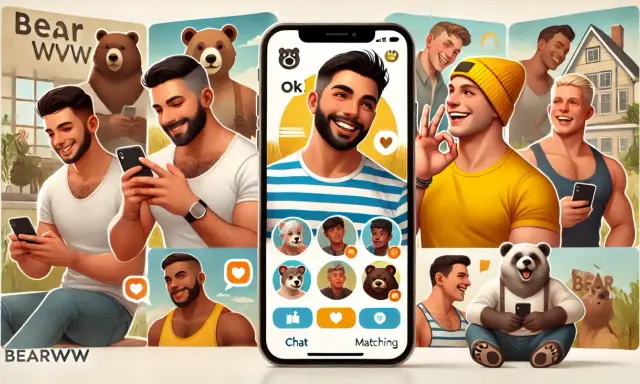 Uomini sorridenti e orsi su un'app di incontri, un digichat gay per trovare il tuo "bear".
