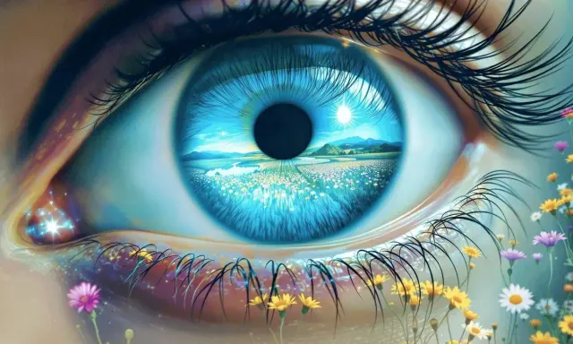 Un occhio azzurro riflette un paesaggio fiorito, un prato vibrante sotto un sole radioso. Davvero gli occhi sono lo specchio dell'anima, pieni di meraviglia.