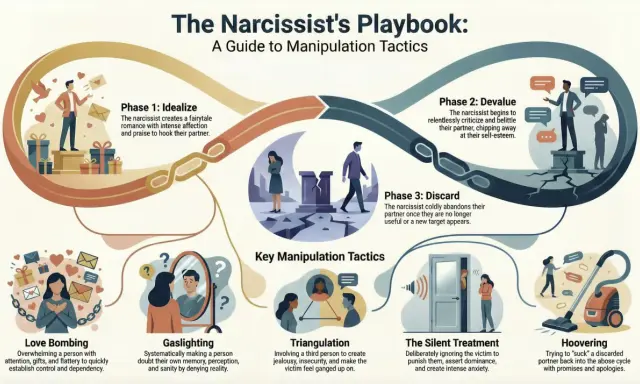 Il narcisista ci prova con tutte: idealizza, svaluta, scarta e usa tattiche come gaslighting e love bombing per manipolare.