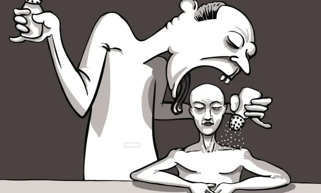 Un personaggio con un'espressione aggressiva sparge sale su un altro, simboleggiando la violenza psicologica in famiglia.