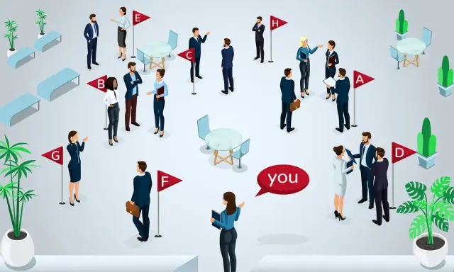Persone in un evento di networking, con una nuvoletta "you" che indica il punto di vista. Come si risponde a piacere di conoscerti?