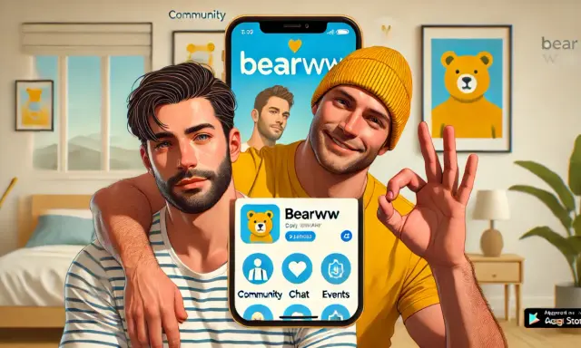 Due uomini sorridono, uno con un braccio sull'altro. In primo piano, uno smartphone mostra l'app "Bearww", con icone per Community, Chat e Events. Perfetto per il digy chat gay.